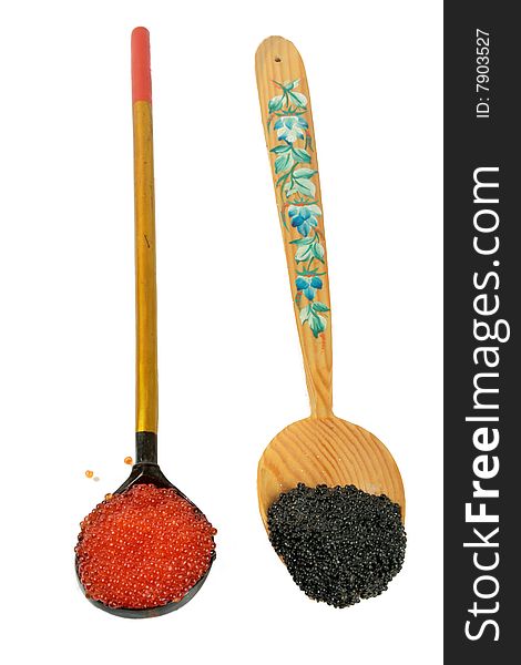 Two wooden spoons with caviar. Two wooden spoons with caviar