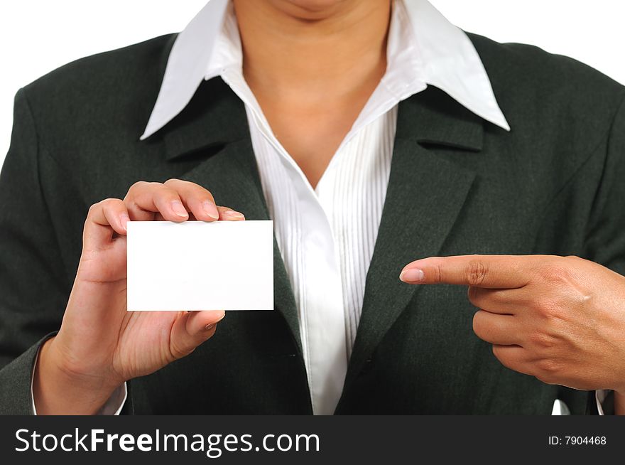 Businesswoman in suit holding empty business card. Isolated on white.