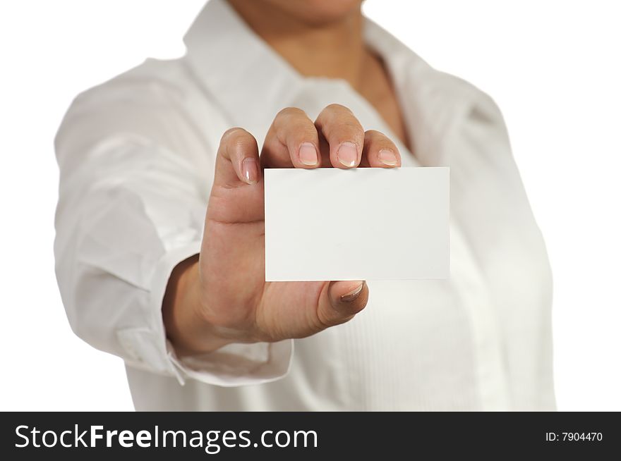 Businesswoman holding empty business card. Isolated on white.