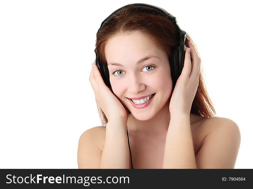 Beauty woman in headphones on white background