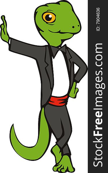 Vector cartoon illustration of gecko in tie and tuxedo suit standing. Vector cartoon illustration of gecko in tie and tuxedo suit standing