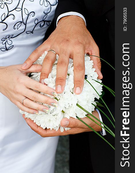 Hands of bride and groom on the bouquet. Hands of bride and groom on the bouquet