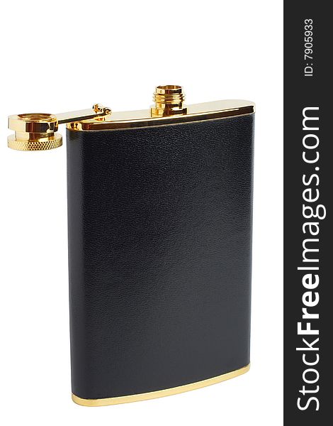 Opened black and gilt hipflask for alcoholic drink isolated on the white background