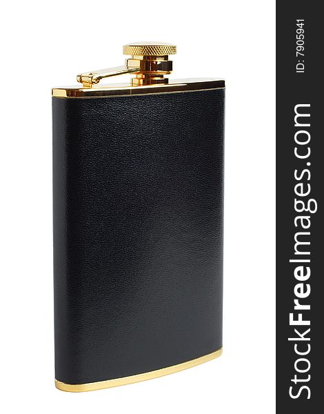 Black and gilt hipflask for alcoholic drink isolated on the white background