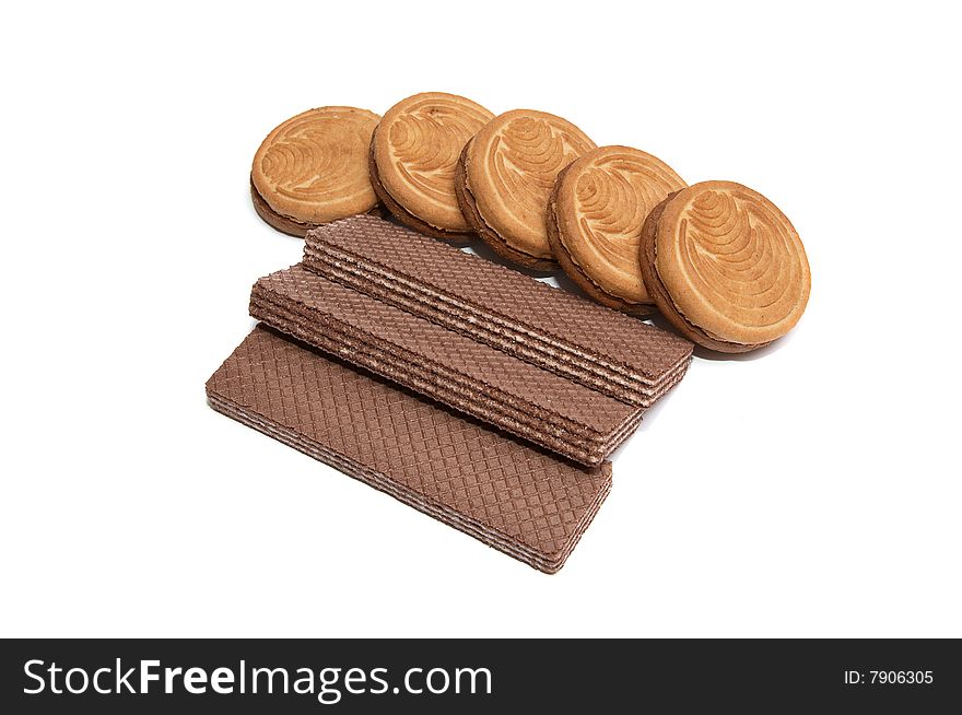 Five cookie and three wafers isolated on a white background. Five cookie and three wafers isolated on a white background.