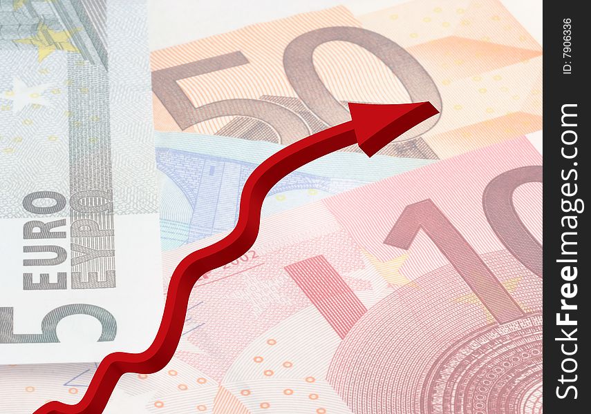 Euro banknotes overlaid with red profit arrow