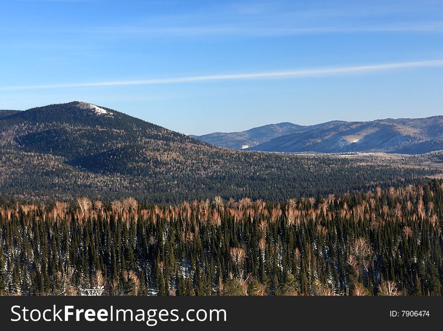 Mountain landscape. Mountain Shoriya. Sheregesh. Russia.