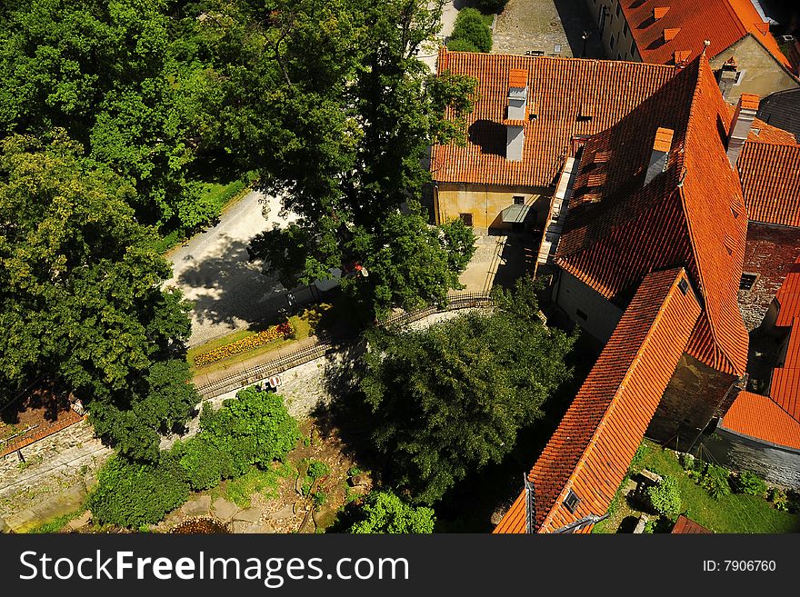 Birds´s eyeview of the roofs of Unesco city Cesky Krumlov. The town of Cesky Krumlov is a popular destination of thousands of visitors from the whole world. The city has preserved as a medieval architectonics historical monument. Birds´s eyeview of the roofs of Unesco city Cesky Krumlov. The town of Cesky Krumlov is a popular destination of thousands of visitors from the whole world. The city has preserved as a medieval architectonics historical monument.