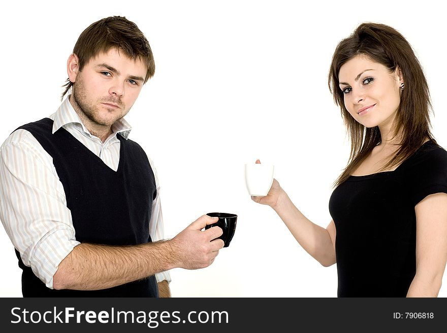 Stock photo: an image of a man with black cup and a woman with white cup. Stock photo: an image of a man with black cup and a woman with white cup