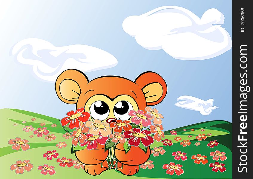 Cute bear with flowers on the field