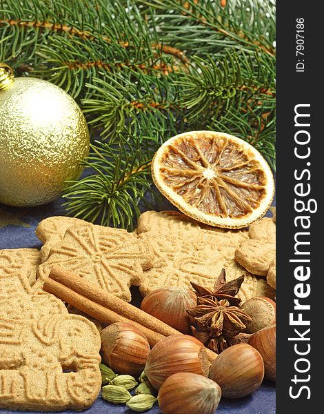 Traditional spicy christmas cookies with ingredients. Traditional spicy christmas cookies with ingredients