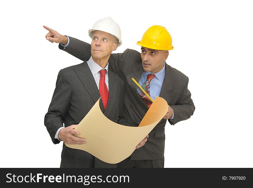 Two engineers isolated against a white background