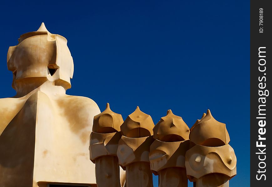 Chimneys on Gaudi's house la pedrera in Barcelona