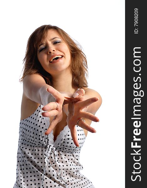 Photo of attractive young woman with reaching hands. Photo of attractive young woman with reaching hands
