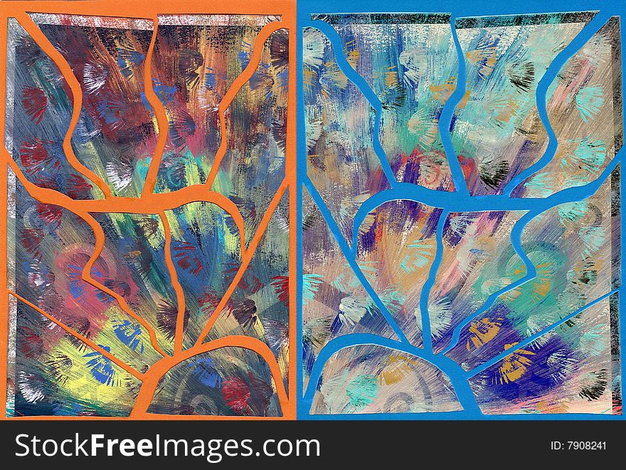 Creative work in painting and collage on blue and orange. Creative work in painting and collage on blue and orange
