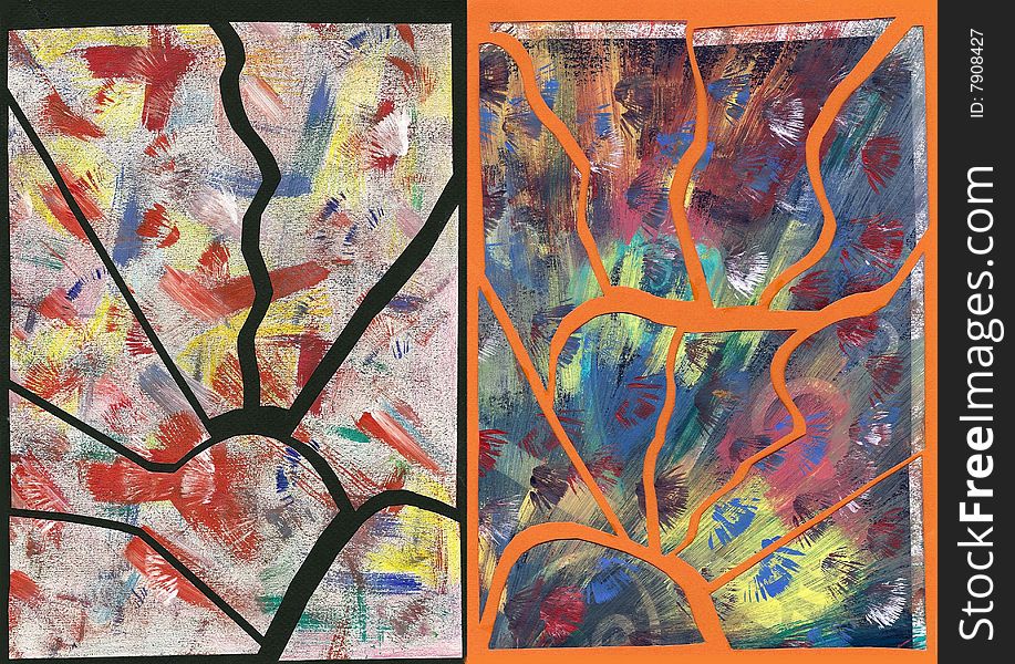 Creative work in painting and collage on black and orange. Creative work in painting and collage on black and orange