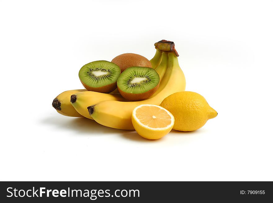Banana kiwi lemon isolated on white. Banana kiwi lemon isolated on white