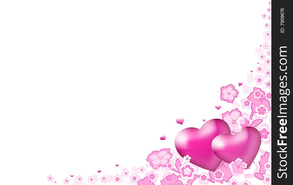 Two pink hearts in the flower on white background