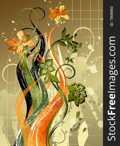 Floral orange-green abstract illustration on a metallic  background for the creative design. Floral orange-green abstract illustration on a metallic  background for the creative design