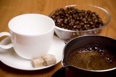 Cup, Coffee, Sugar And Beans In Glass Bowl Stock Photos Cup, Coffee, Sugar And Beans In Glass Bowl Stock Photos
