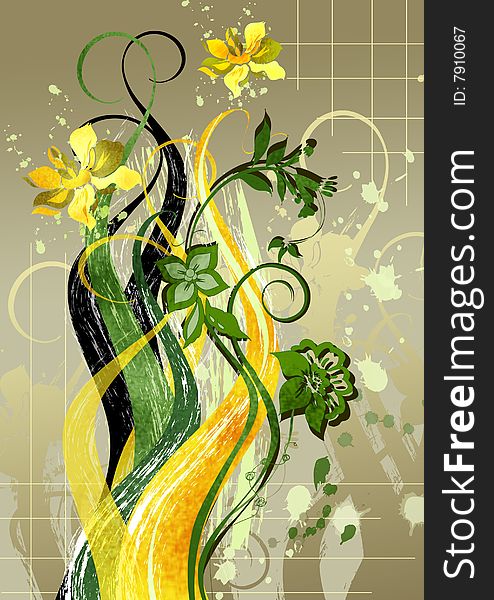 Floral yellow-green abstract illustration on a metallic  background for the creative design. Floral yellow-green abstract illustration on a metallic  background for the creative design