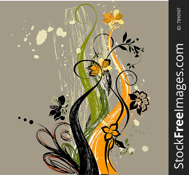 Floral orange-green abstract illustration on the grey background for the creative design. Floral orange-green abstract illustration on the grey background for the creative design