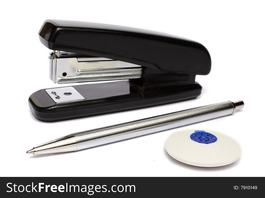 Pen, stapler and eraser
