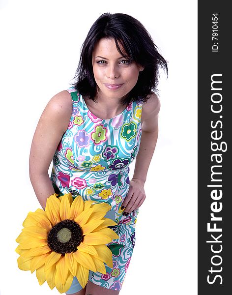 Girl with sunflower isolated on white