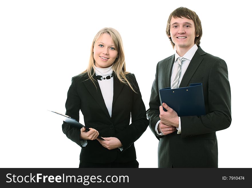 Businessman and businesswoman on white background