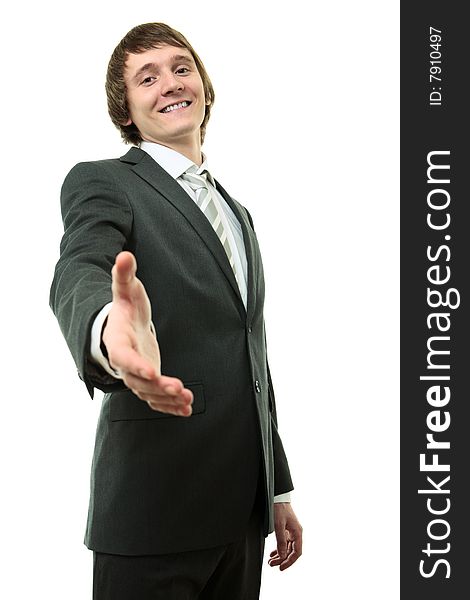 Businessman hold halp hand on whited background