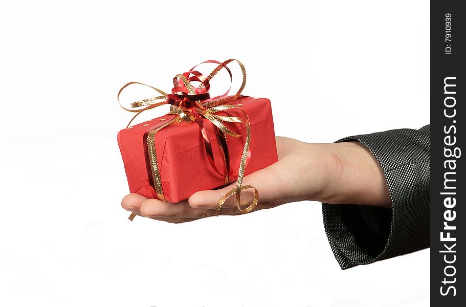 Red small gift box in hand. Red small gift box in hand