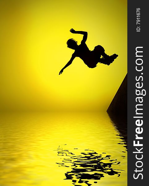 Silhouette of jumping man with reflection. Silhouette of jumping man with reflection