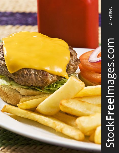 Cheeseburger with ketchup and french fries. Cheeseburger with ketchup and french fries