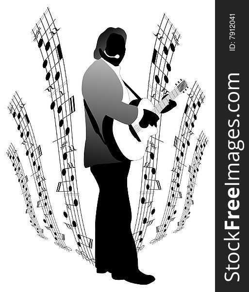 Illustration of musician, black, white