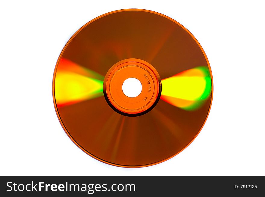 Shiny colored glares on yellow CD/DVD isolated on white