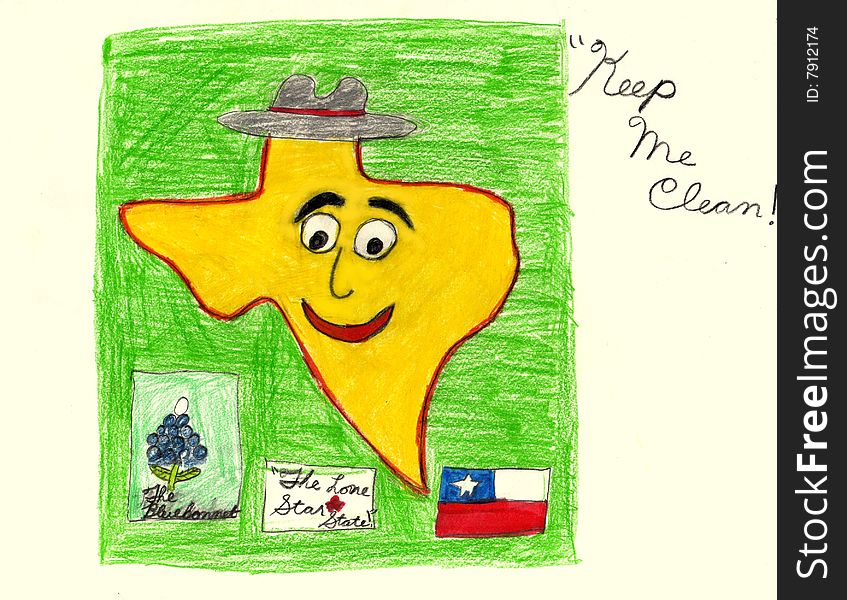 A Texan child's drawing to remind citizens to recycle in their state. A Texan child's drawing to remind citizens to recycle in their state.