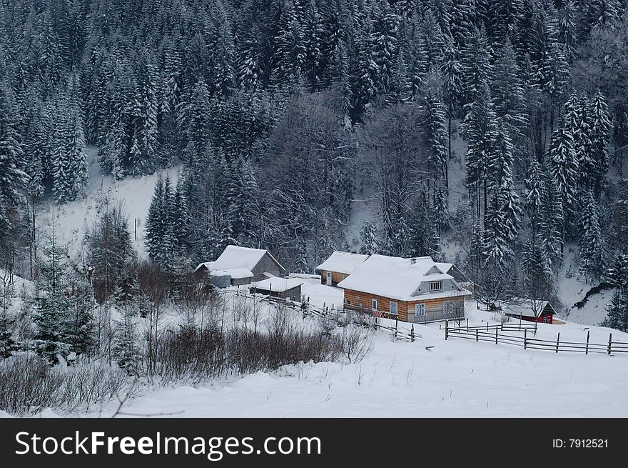 Village in the winter forest