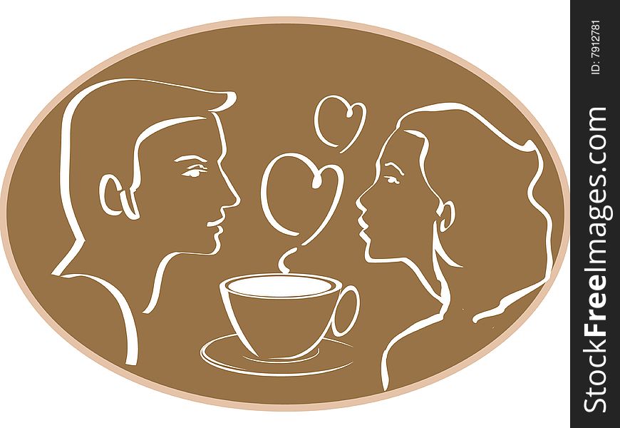 Silhouette of a man or woman over a cup of tea, coffee or a hot chocolate cup with hearts in the background. Silhouette of a man or woman over a cup of tea, coffee or a hot chocolate cup with hearts in the background