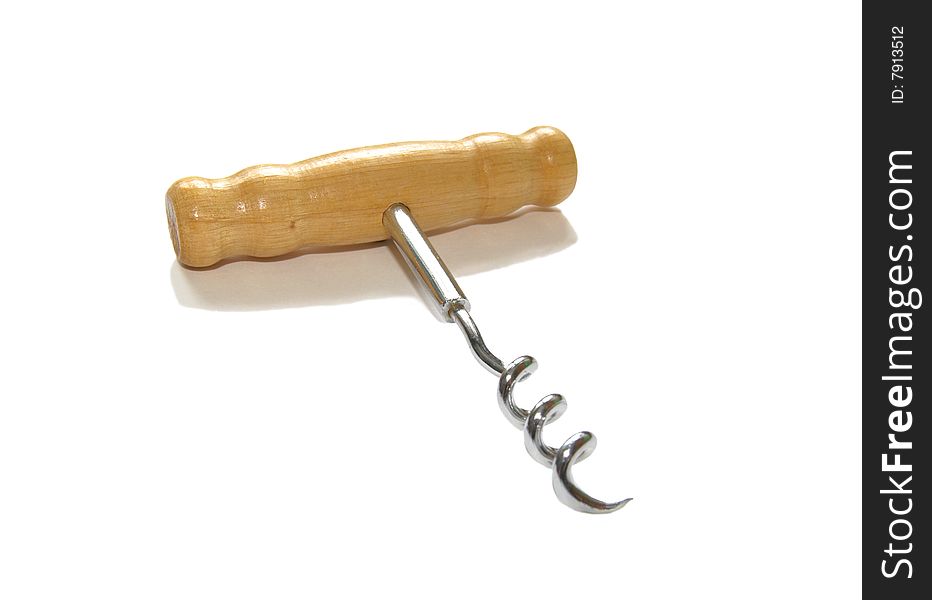 Photo of a wine corkscrew on a white background.