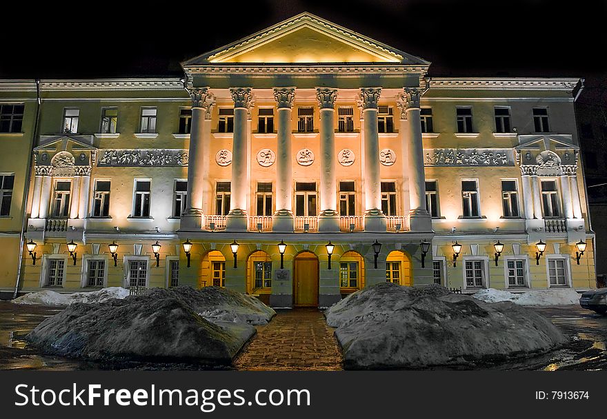 Old barton house at night. Moscow. Russia.