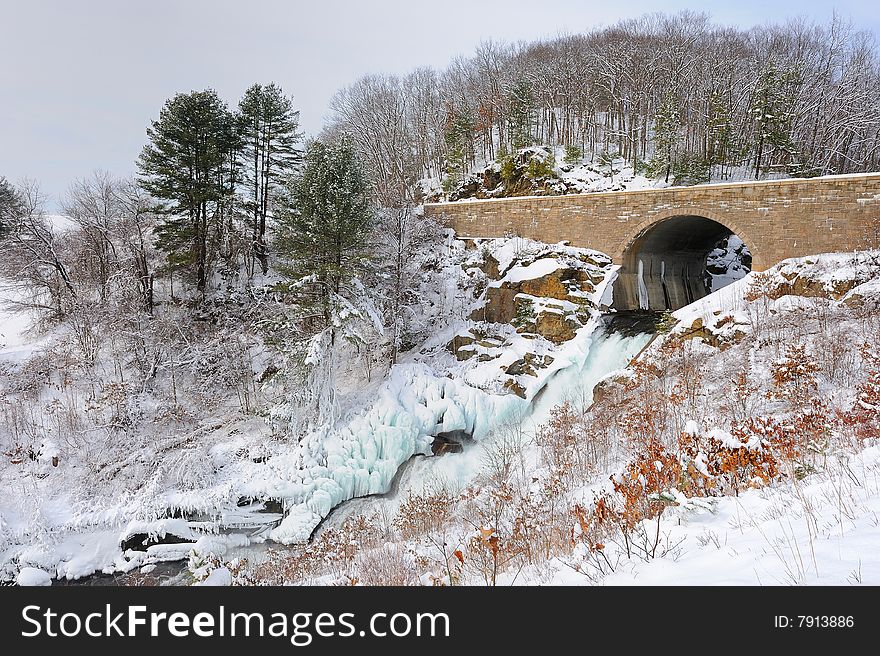 The frozen waterfall in the winter