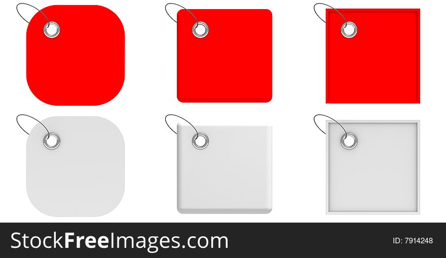 Square tags in white and red; 3d render;