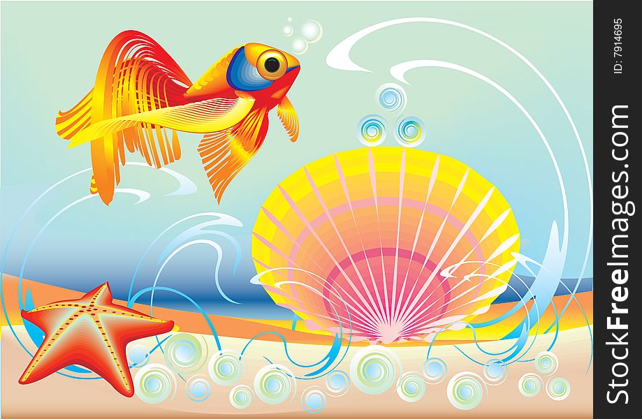 Illustration of fish, bowl, pearls, the sea