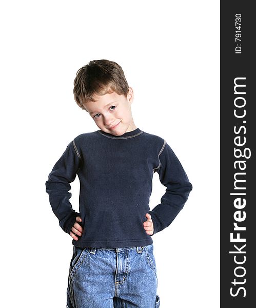 Cute four year old boy on a white background