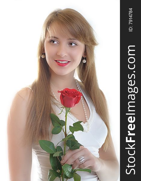 Beautiful young woman with rose on white background