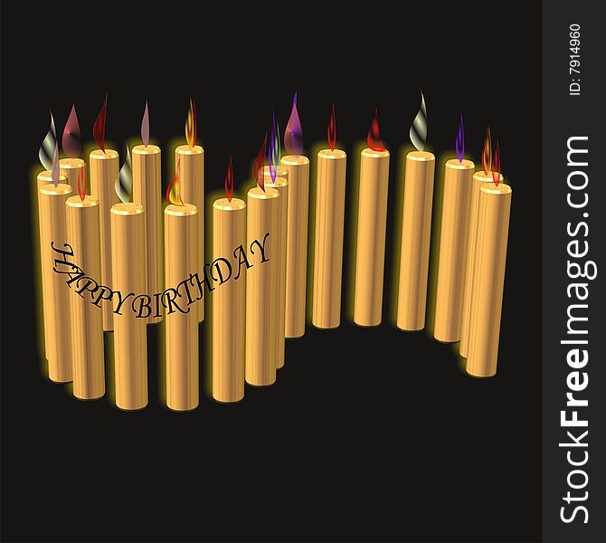 Gold candles on black with happy birthday message in 3d
