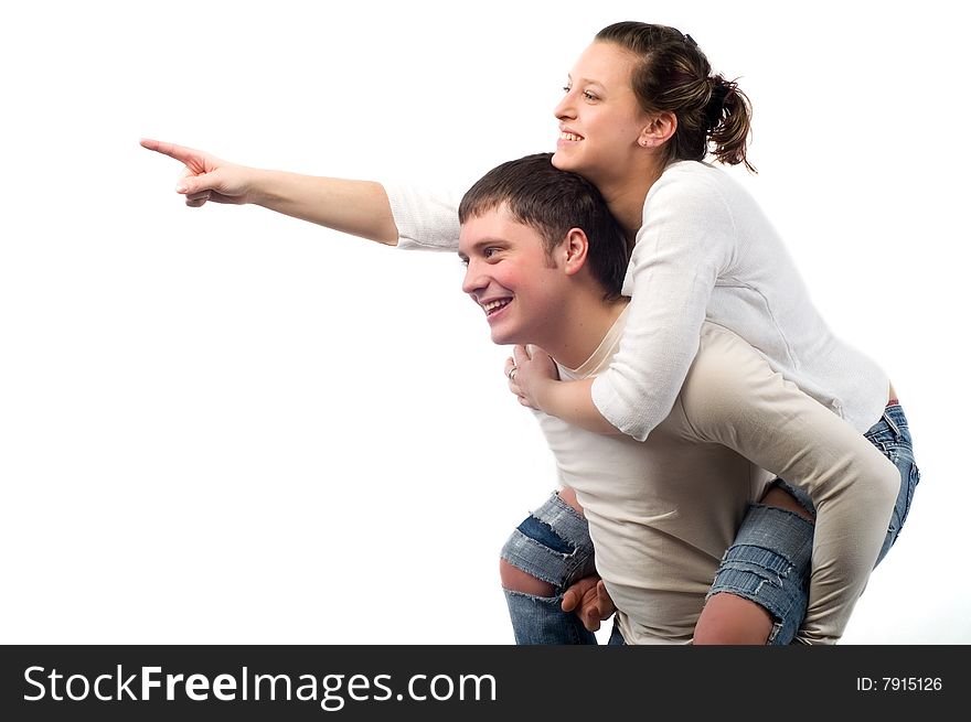Happy man and girl on a white background