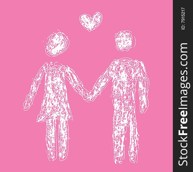 A scribbled illustration of a heterosexual couple over pink background with heart. Fully scalable vector illustration.