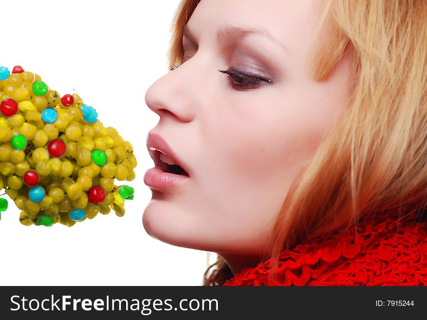 Portrait of woman in scarf with color berries. Portrait of woman in scarf with color berries