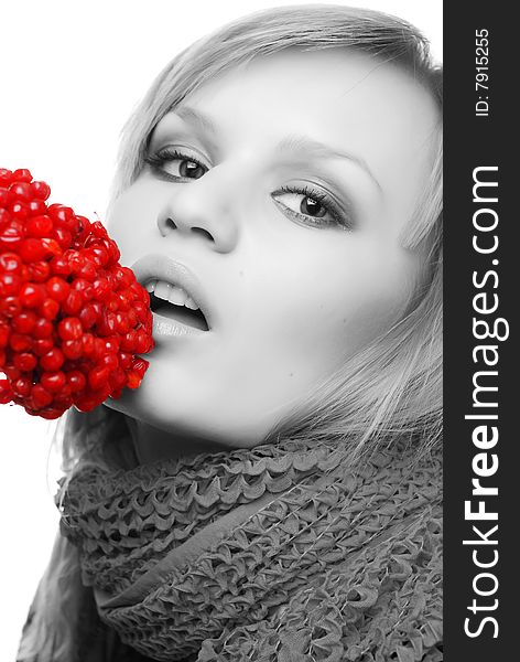 Portrait of woman in scarf with red berries. Portrait of woman in scarf with red berries
